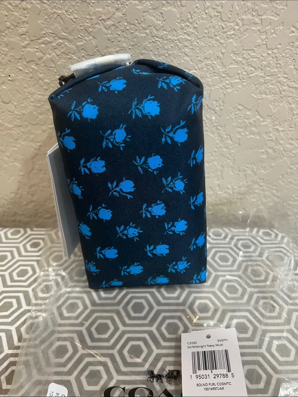 Coach Navy Cosmetic Pouch with Bright Blue Rose Print